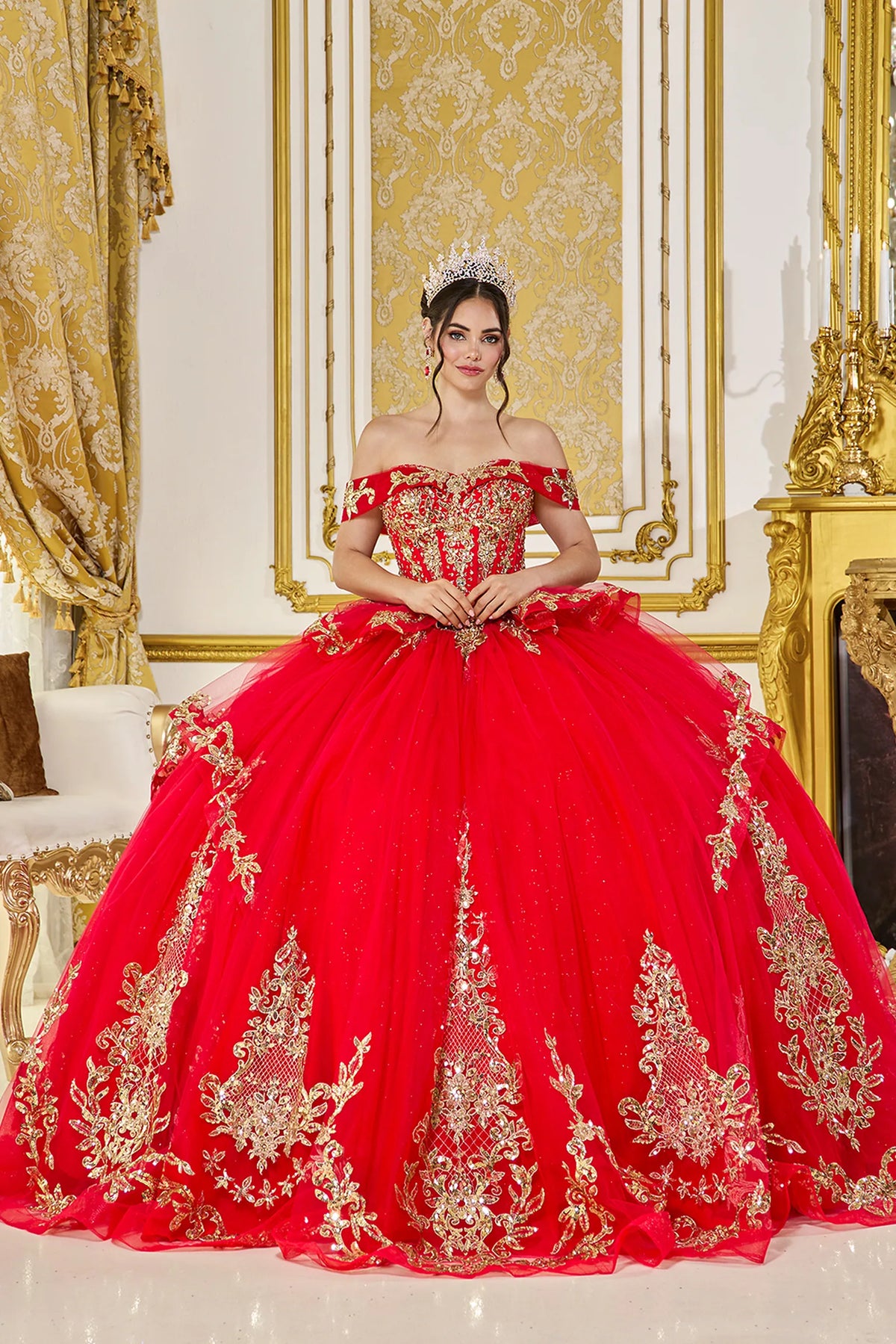 Front view of a Red quinceañera gown with off-the-shoulder neckline, corset bodice, and embroidered lace