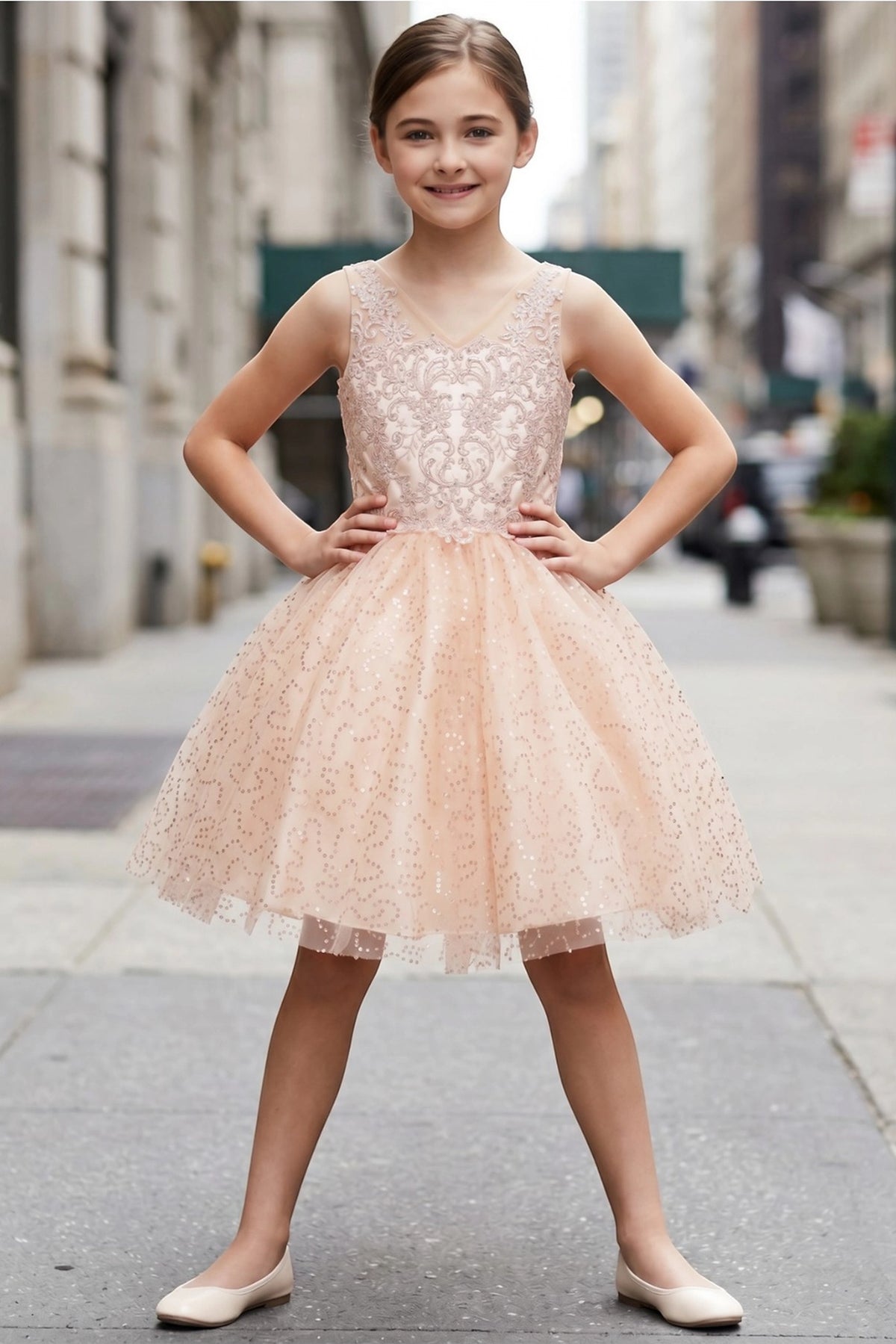 Accented floral lace bodice details adds character to this Blush kids party dress.