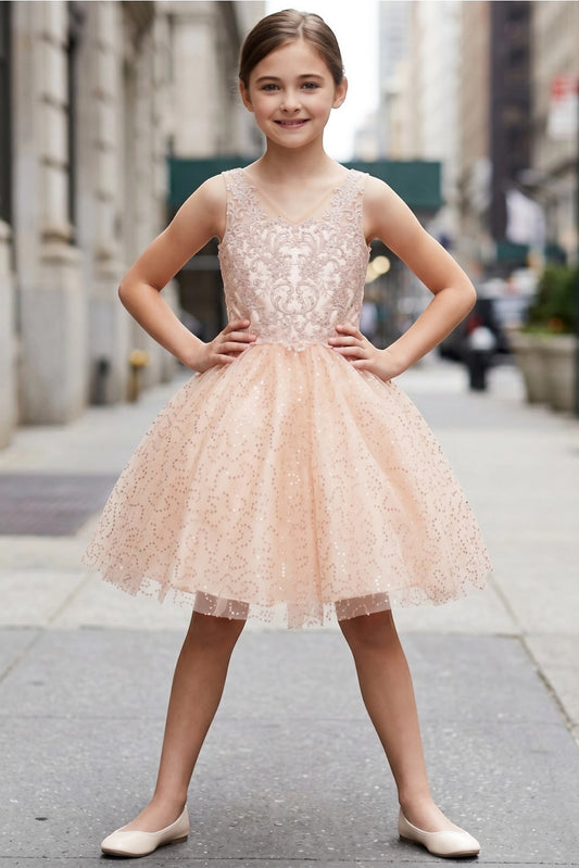 Accented floral lace bodice details adds character to this Blush kids party dress.