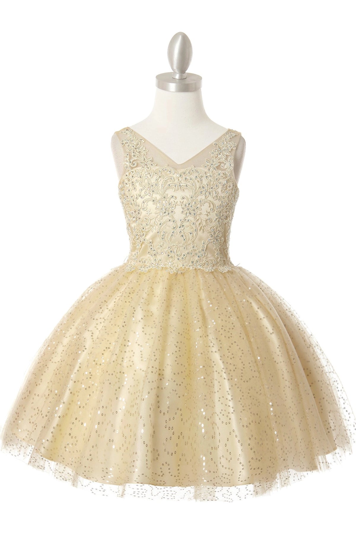 Showcasing with a glittered tulle skirt, this Champagne kids party dress displays elegant detail.