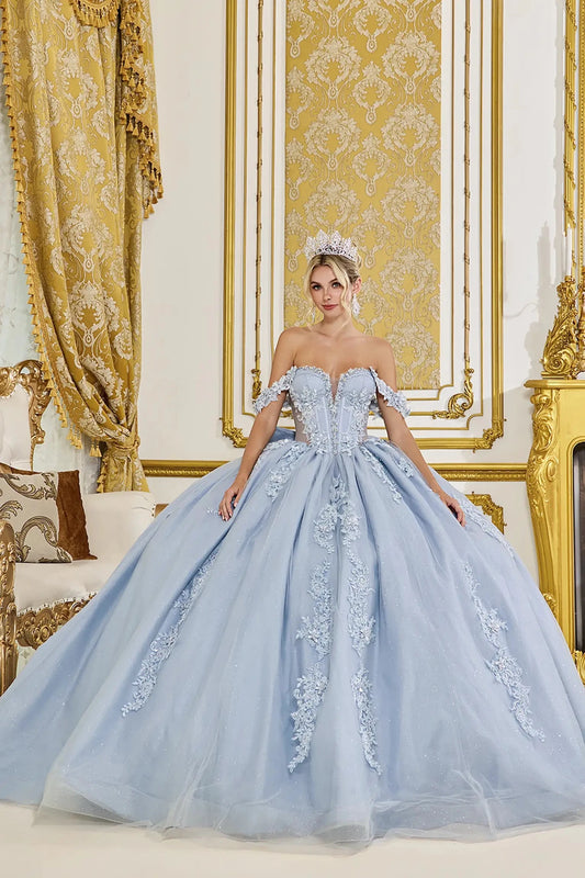 Dusty blue quinceanera ball gown front view featuring off the shoulder sweetheart corset bodice, floral lace appliques, sheer boning detail, and full glitter tulle skirt