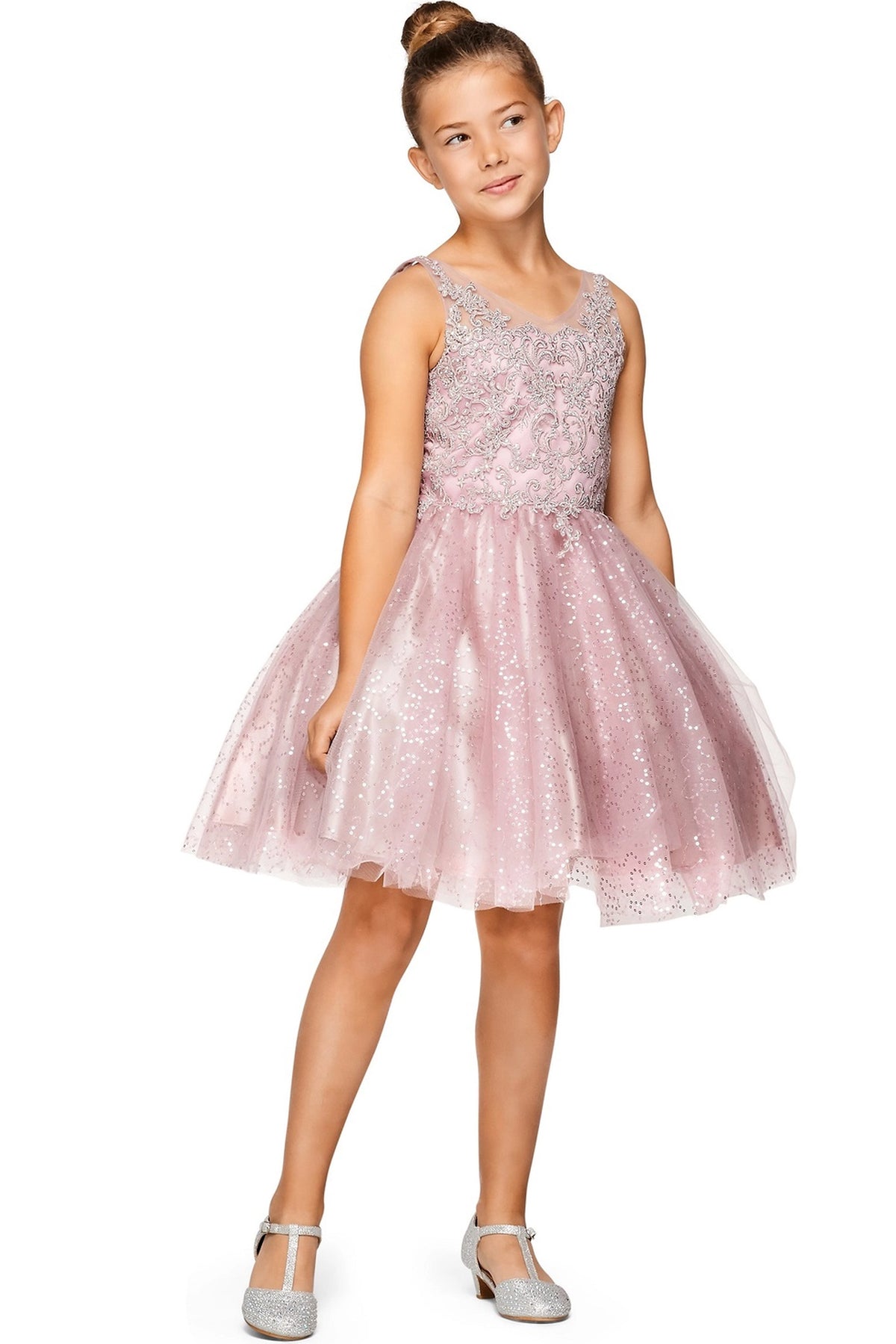 Showcasing with a glittered tulle skirt, this Mauve kids party dress displays elegant detail.