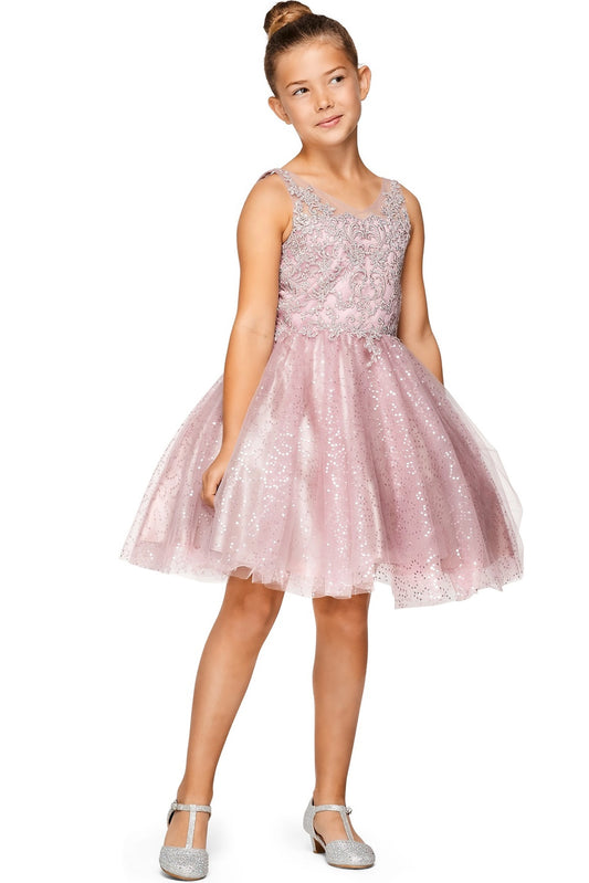 Showcasing with a glittered tulle skirt, this Mauve kids party dress displays elegant detail.