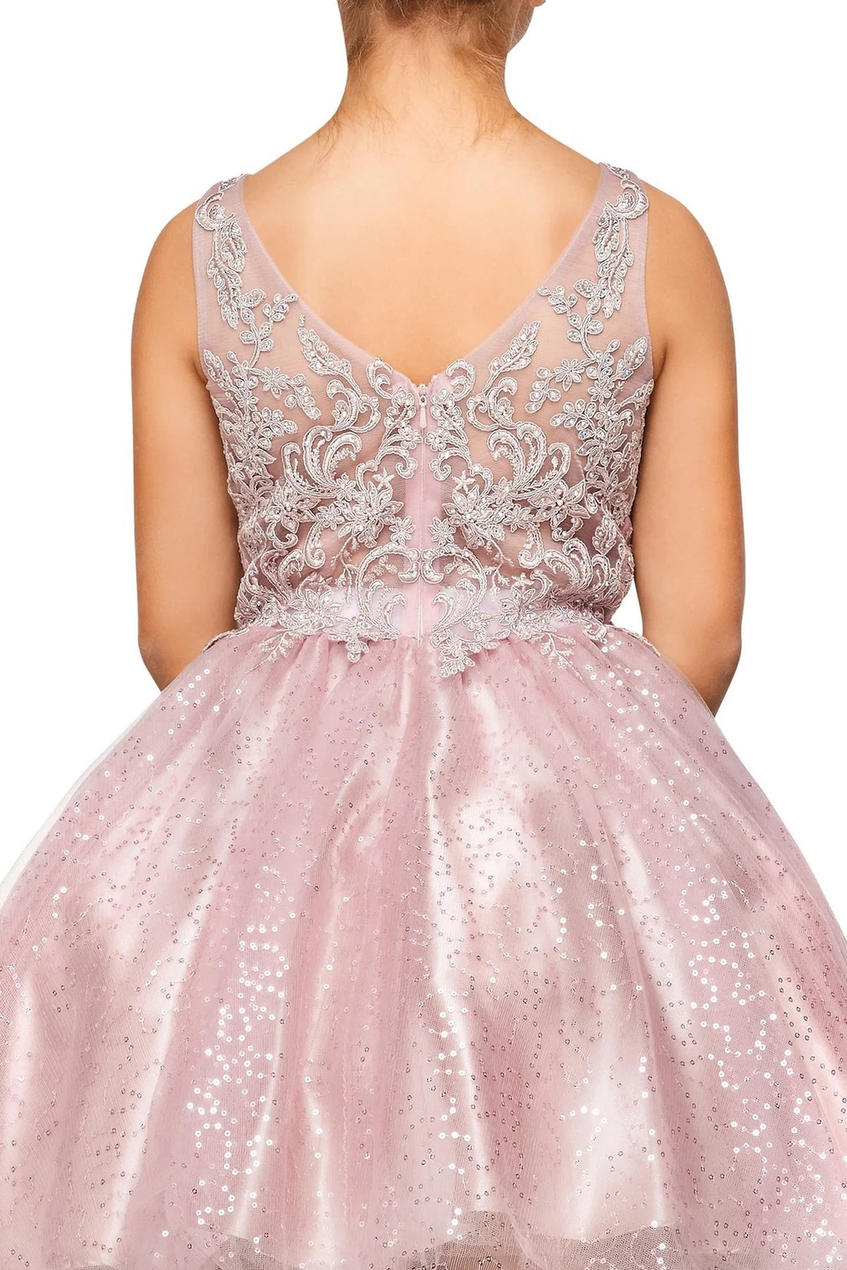Finished details of a lace V-back and waist bow distinguish the Mauve kids party dress.