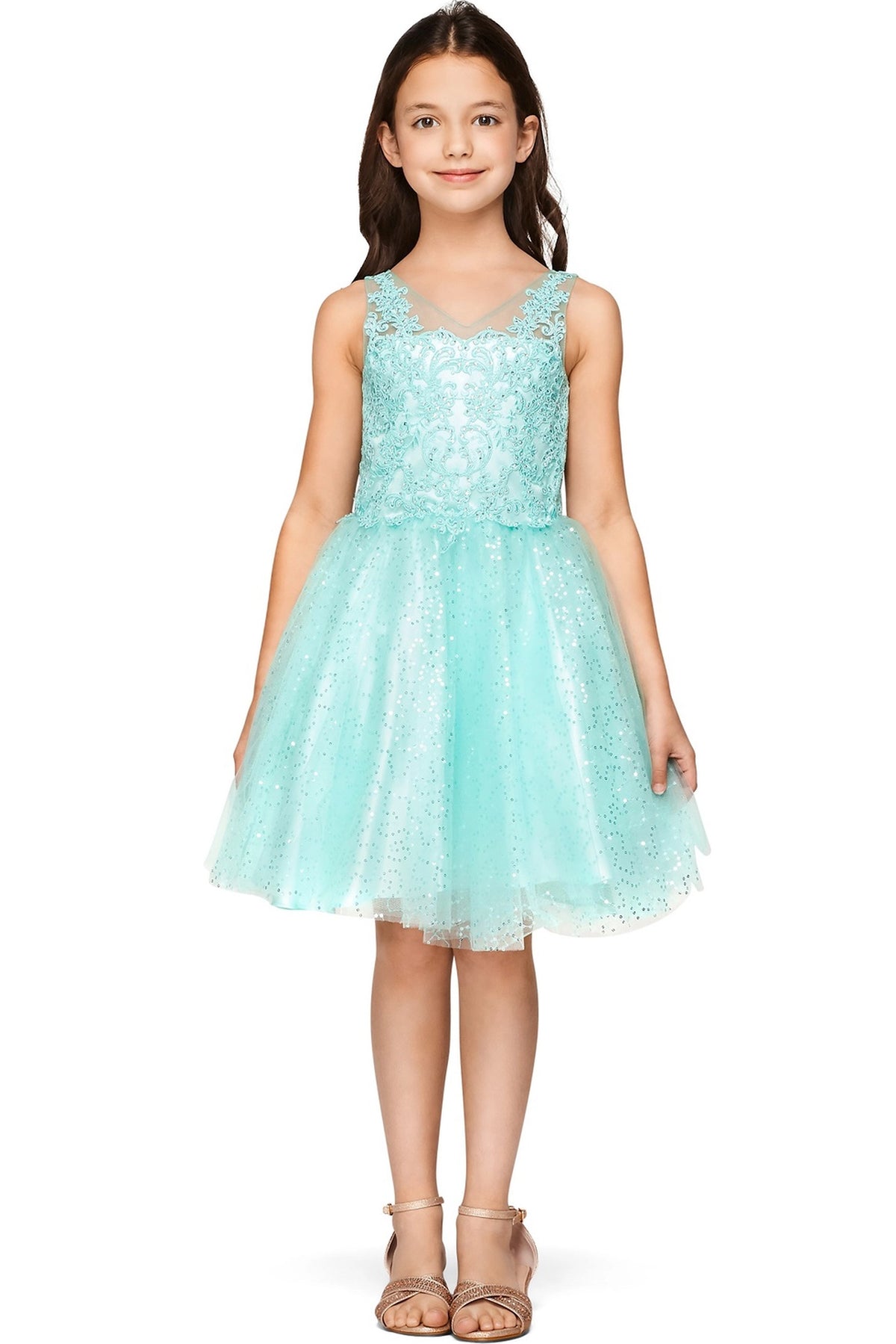 Showcasing with a glittered tulle skirt, this Mint kids party dress displays elegant detail.