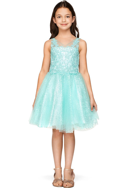 Showcasing with a glittered tulle skirt, this Mint kids party dress displays elegant detail.