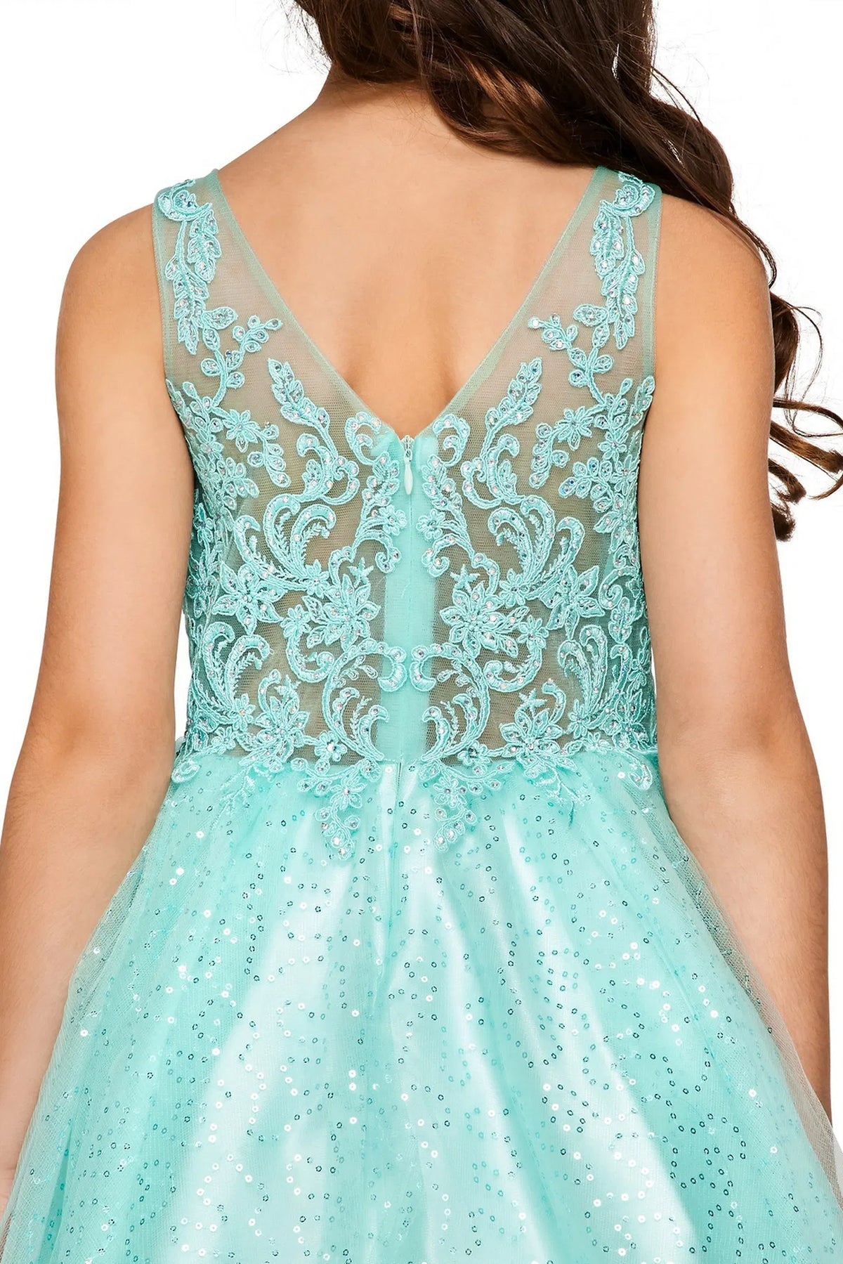 Finished details of a lace V-back and waist bow distinguish the Mint kids party dress.