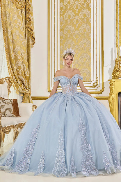 Dusty blue quinceanera ball gown front view featuring off the shoulder sweetheart corset bodice, sheer boning detail, lace applique embellishments, and full glitter tulle skirt