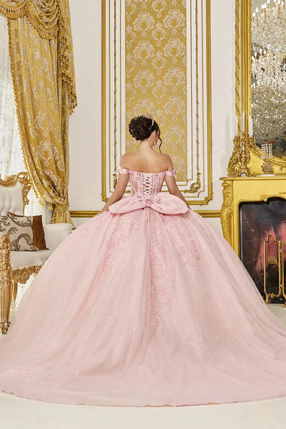 Blush quinceanera ball gown back view showing lace up corset back, oversized bow accent, embroidered tulle skirt, and flowing train