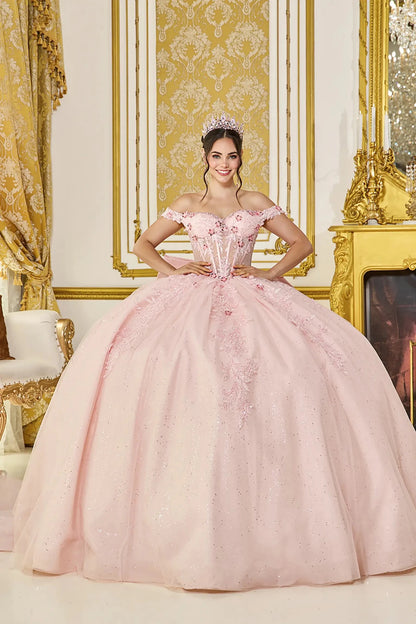 Blush quinceanera ball gown front view featuring off the shoulder sweetheart corset bodice, sheer boning detail, floral lace appliques, and full glitter tulle skirt
