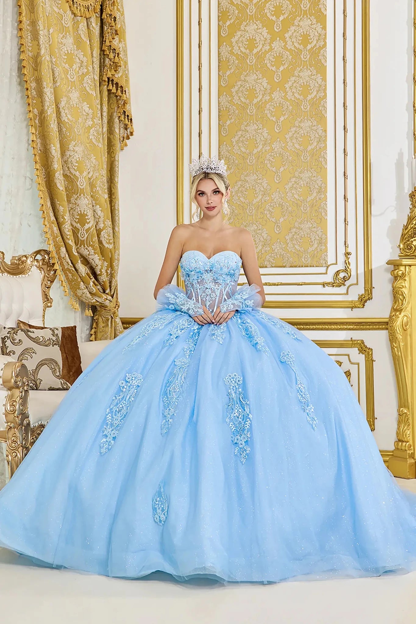 Dancing Queen 1845 Long Quinceanera Dress Bahama Blue / 2XLarge