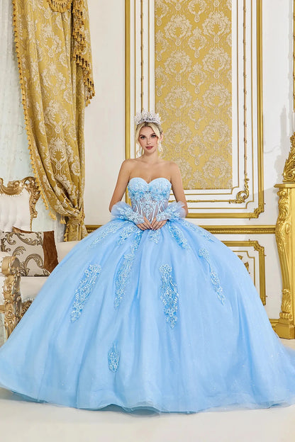 Bahama blue quinceanera ball gown front view featuring sweetheart corset bodice, sheer boning detail, floral lace appliques, detachable tulle sleeves, and full glitter tulle skirt