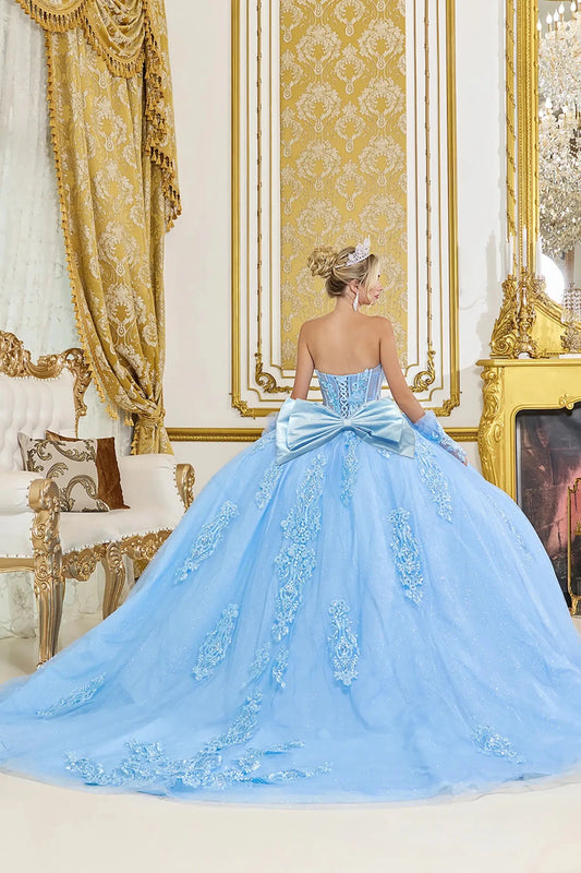 Bahama blue quinceanera ball gown back view showing lace up corset back, oversized satin bow accent, embroidered tulle skirt, and sweeping train