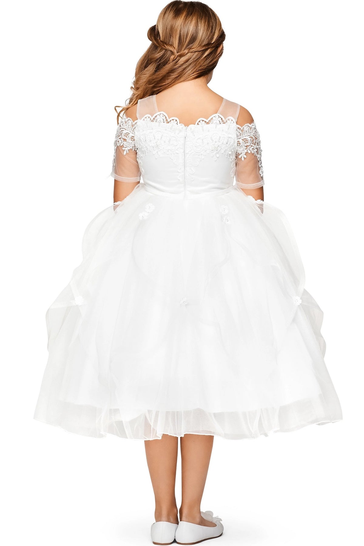 A Off-White flower girl dress showing scalloped lace neckline and zipper at the back.