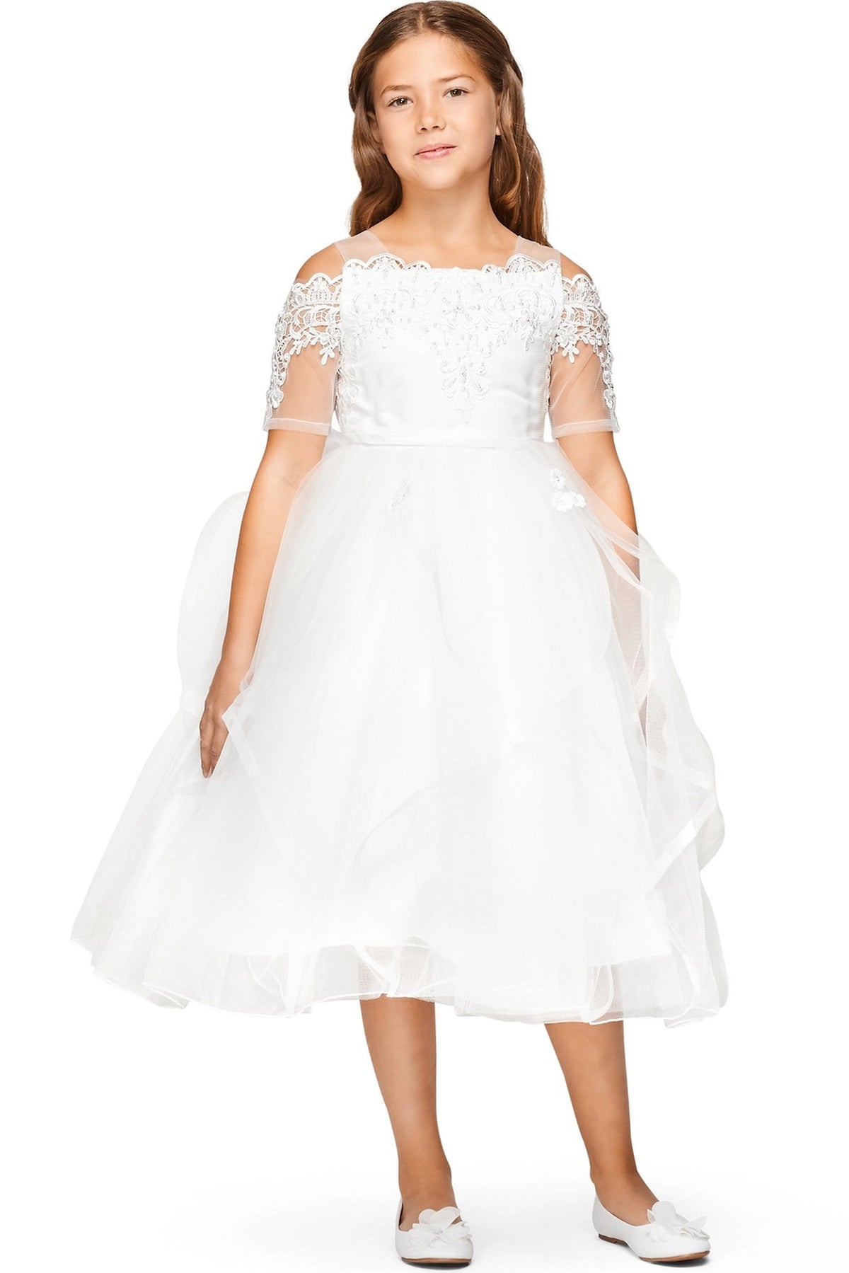 Off-White flower girl dress features sheer lace sleeves above the flared skirt.