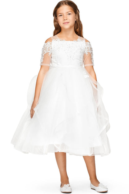 Off-White flower girl dress features sheer lace sleeves above the flared skirt.