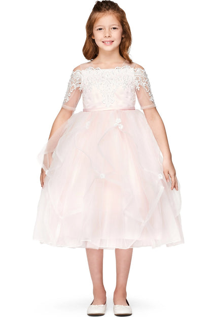 Pink flower girl dress features lace bodice above the flared skirt.