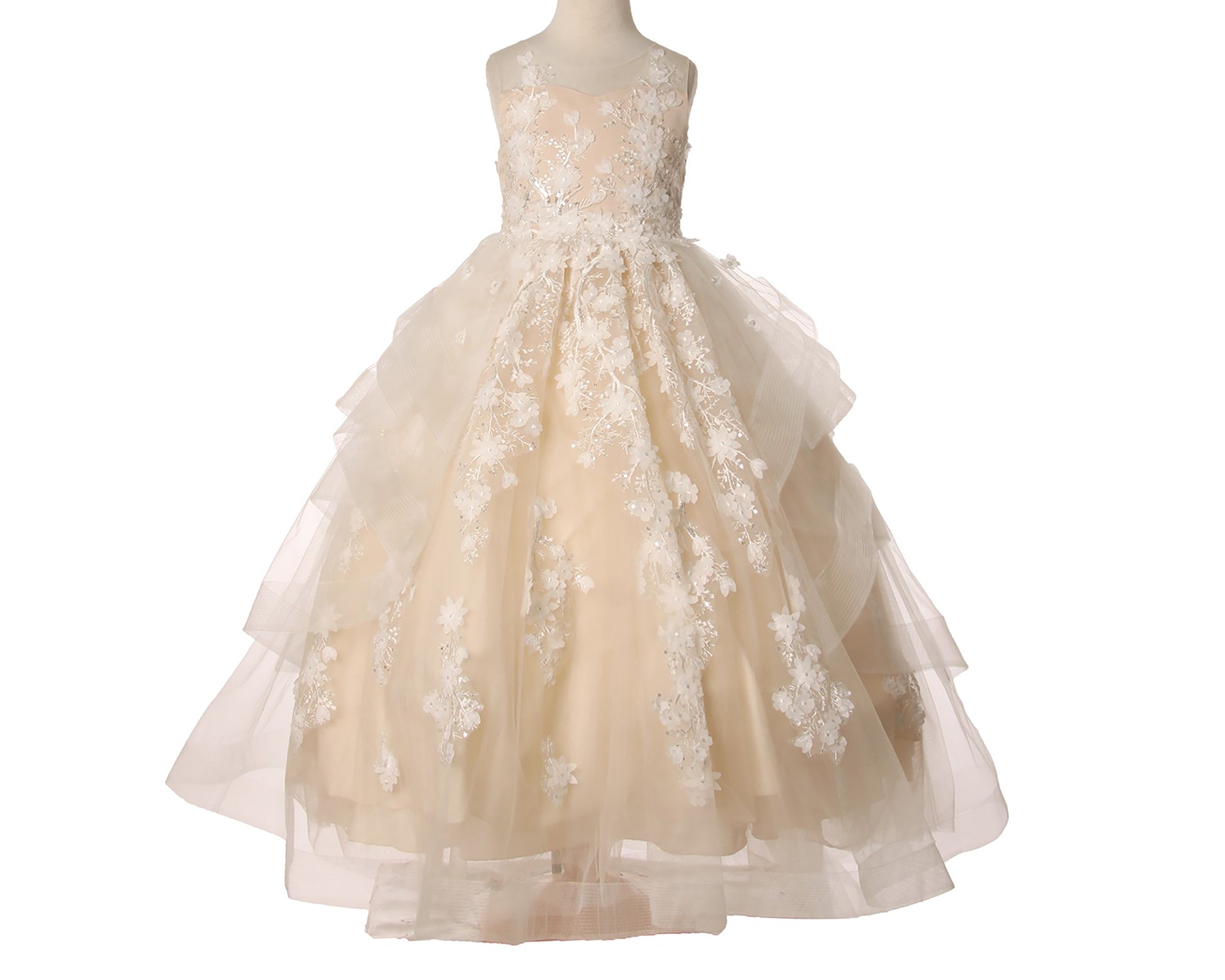 Front view of Champagne Hand-crafted Lace and Sequin Beads High-low flower girl dress with Detachable Train.