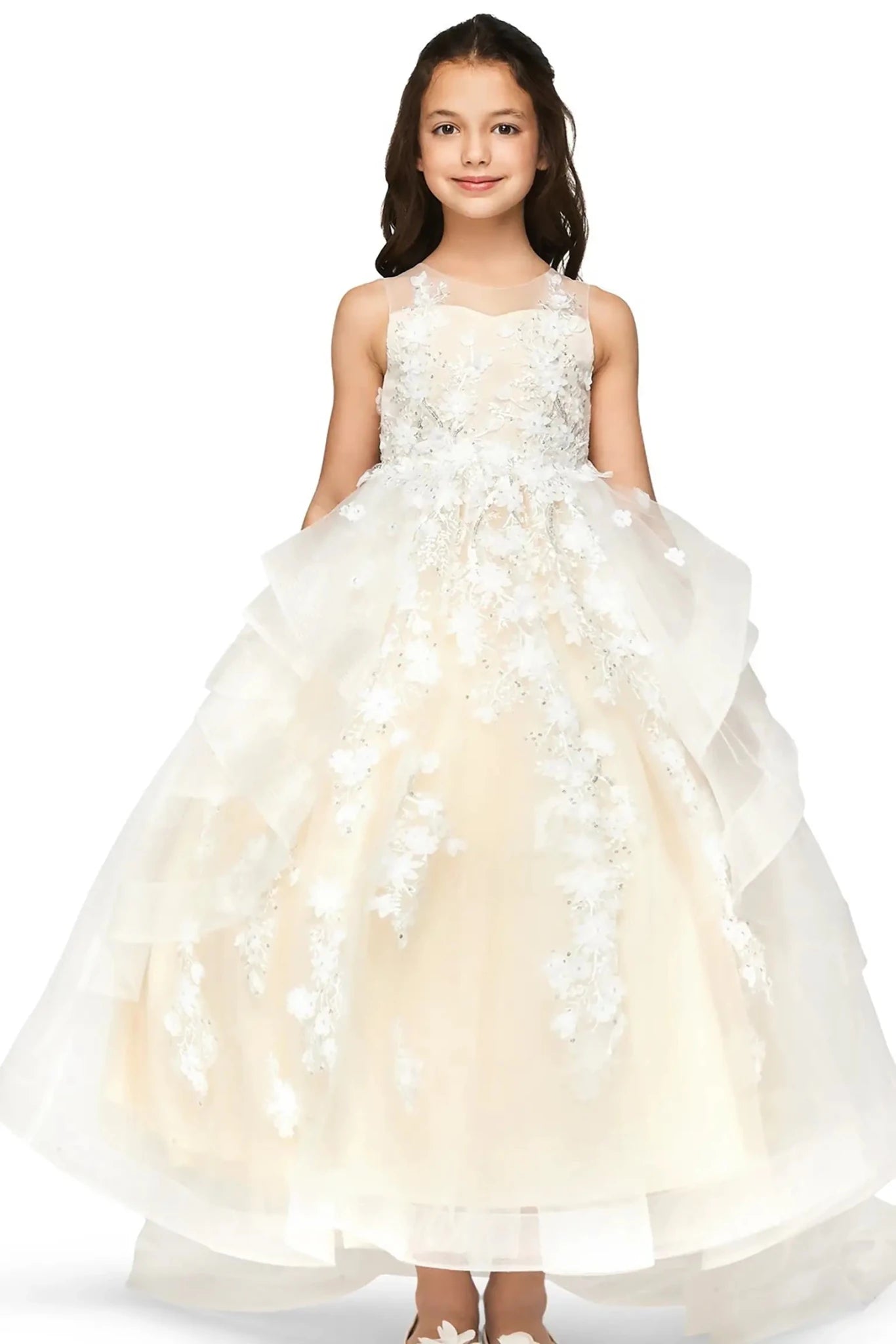 Front view of champagne high-low flower girl dress, sequin bead embellishments, and detachable train.