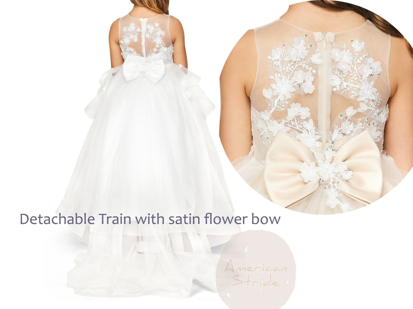 Front view of Champagne Hand-crafted Lace and Sequin Beads High-low flower girl dress with Detachable Train.
