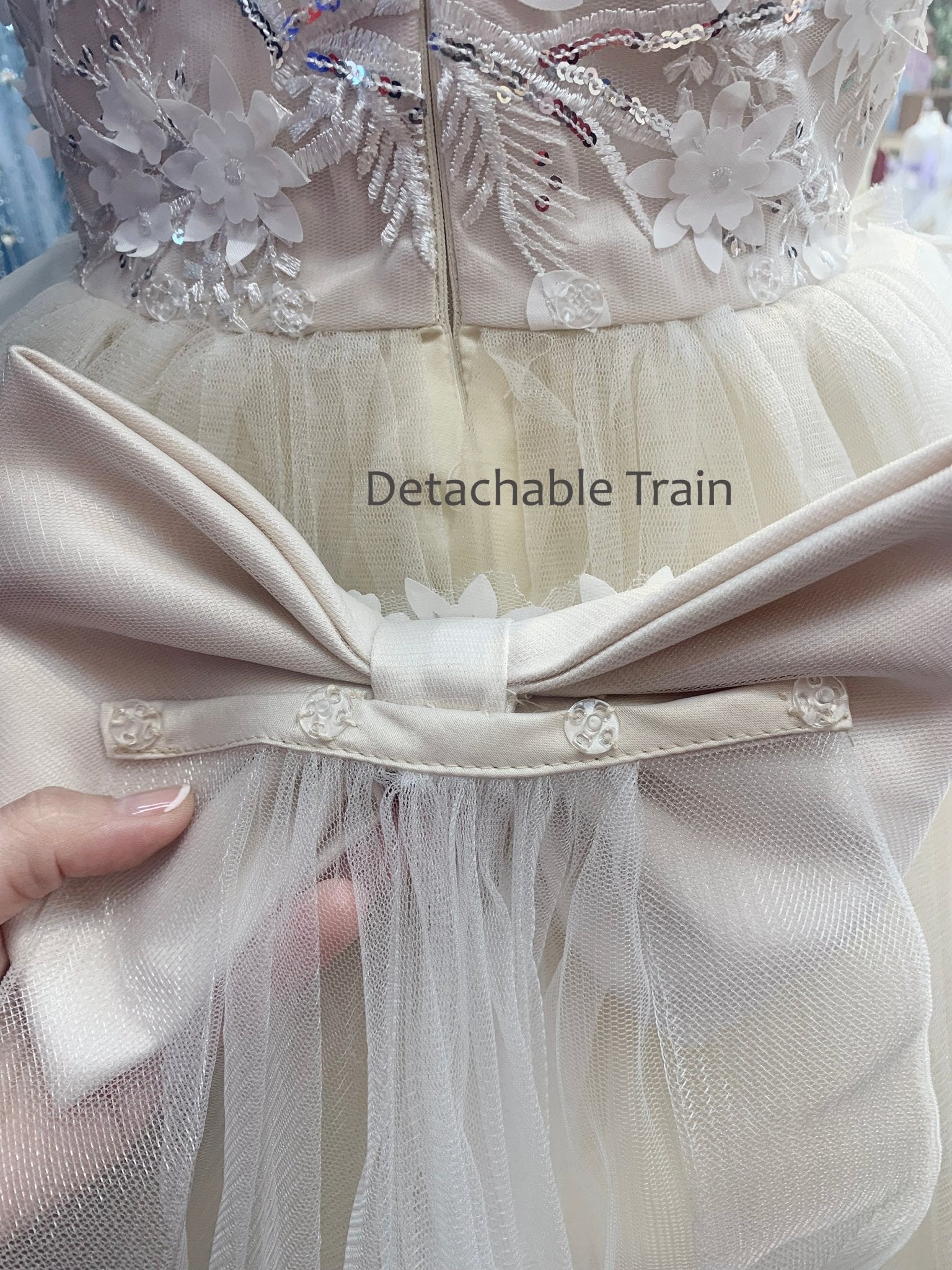 Front view of Champagne Hand-crafted Lace and Sequin Beads High-low flower girl dress with Detachable Train.