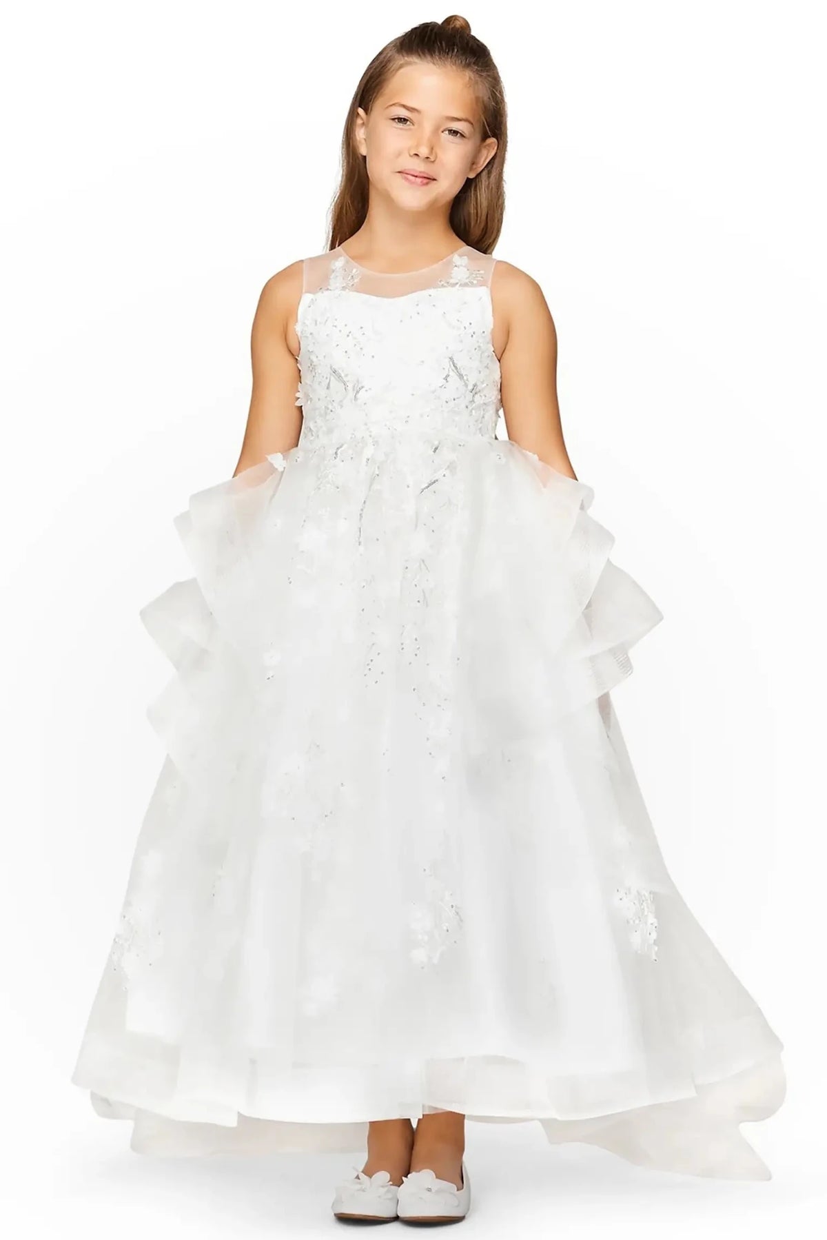Front view of off-white high-low flower girl dress, sequin bead embellishments, and detachable train.