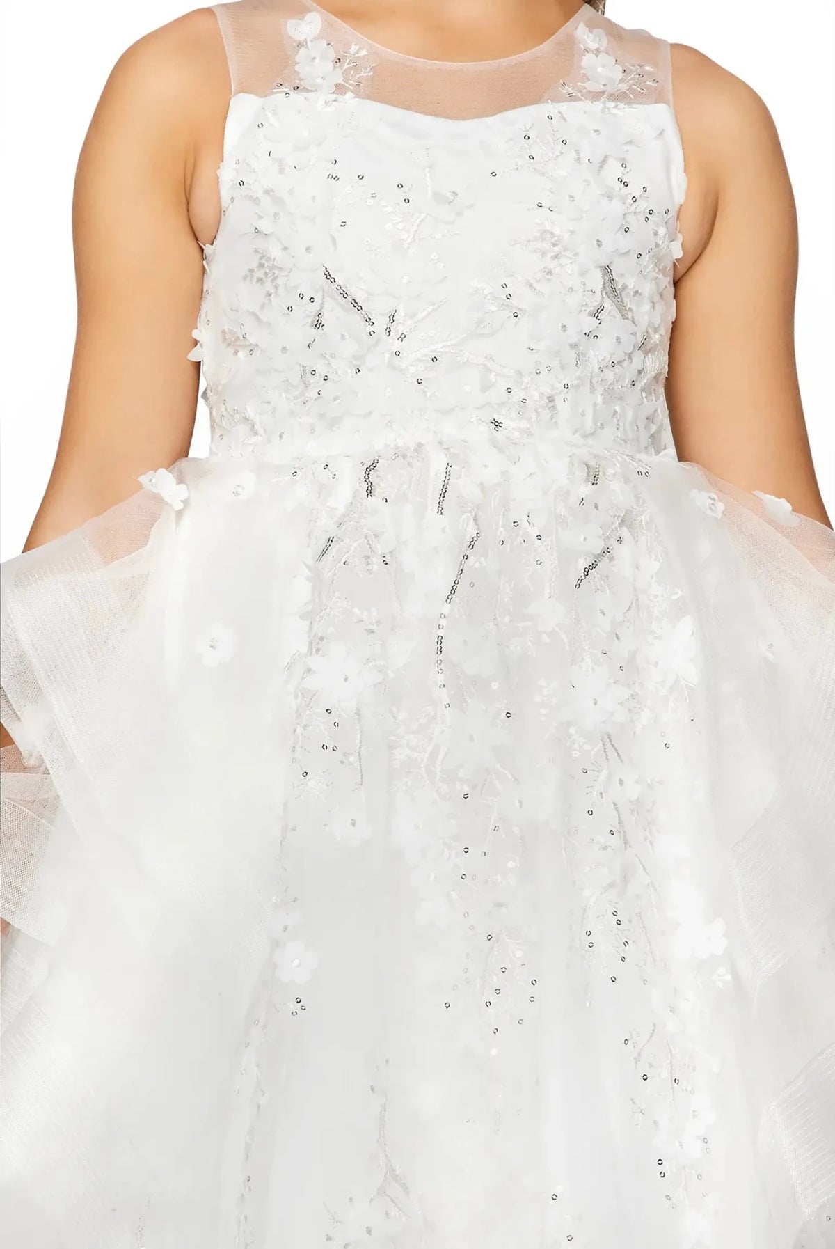 Close-up front-facing view of off-white high-low flower girl dress.