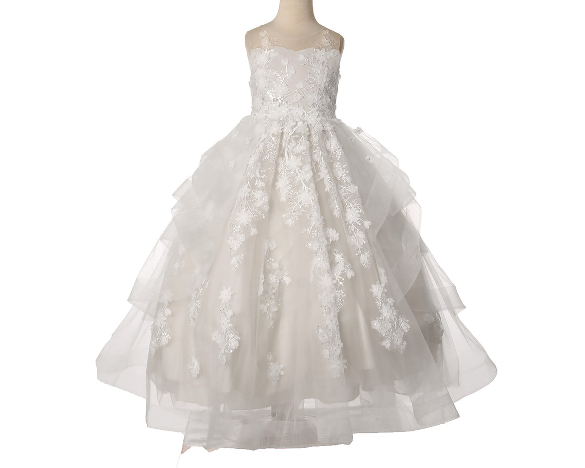 Front view of Off-White Hand-crafted Lace and Sequin Beads High-low flower girl dress with Detachable Train.