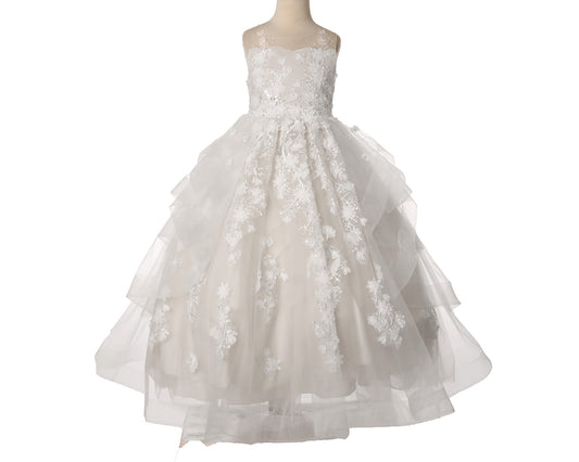 Off-White Hand-crafted Lace Appliques & Sequin Beads High-low Flower Girl Dress with Detachable Train - front view of dress