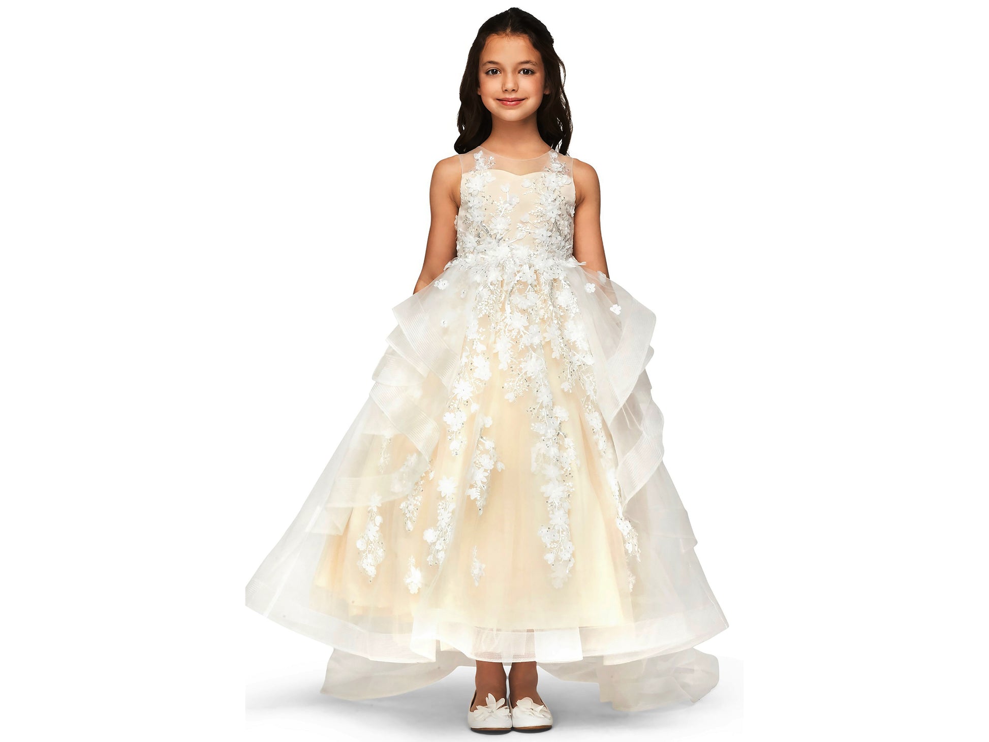 Champagne Hand-crafted Lace Appliques & Sequin Beads High-low Flower Girl Dress with Detachable Train - front view of girl wearing dress smiling