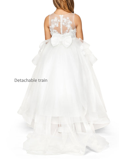 Off-White Hand-crafted Lace Appliques & Sequin Beads High-low Flower Girl Dress with Detachable Train - back view of girl wearing dress. Detachable train.