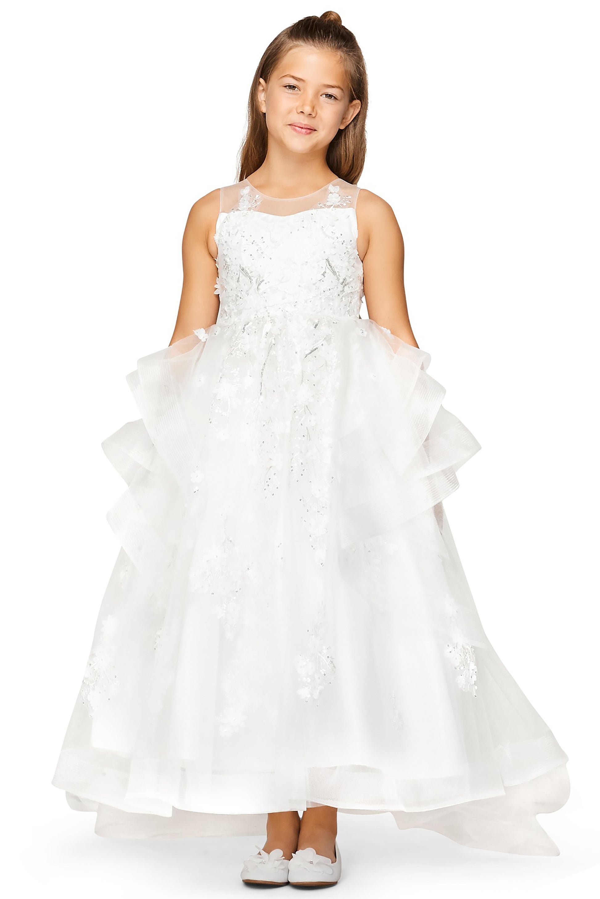 Off-White Hand-crafted Lace Appliques & Sequin Beads High-low Flower Girl Dress with Detachable Train - front view of girl wearing dress