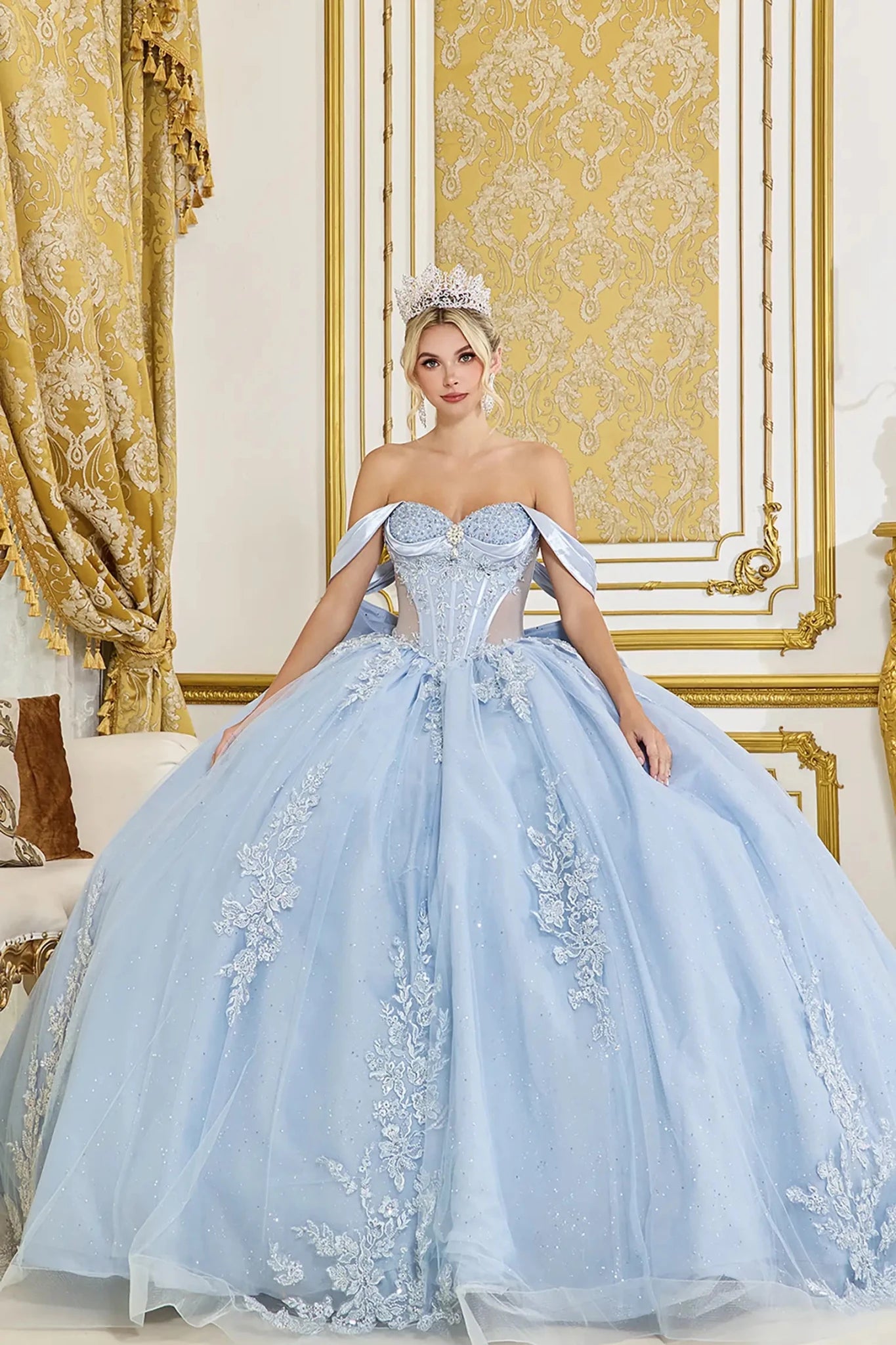dusty blue corset dress Quinceañera with a Beaded Off-Shoulder Bodice 2XL / Blue Lulus | White Jacquard 59 Occasions Color:DARK BLUE 01162026