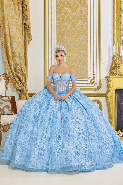 Bahama blue quinceanera ball gown front view featuring off the shoulder sweetheart corset bodice, sheer boning detail, textured jacquard fabric, and full voluminous ball gown skirt