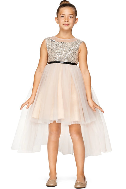 Champagne flower girl dress features sequined bodice with a narrow black belt.