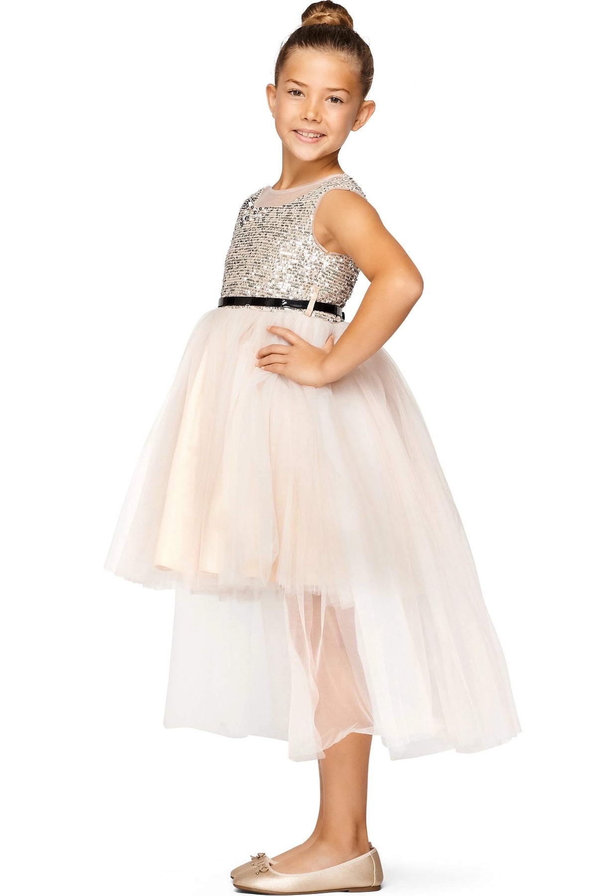 Visible on this Champagne flower girl dress: layered high-low hem beneath the sequined bodice.