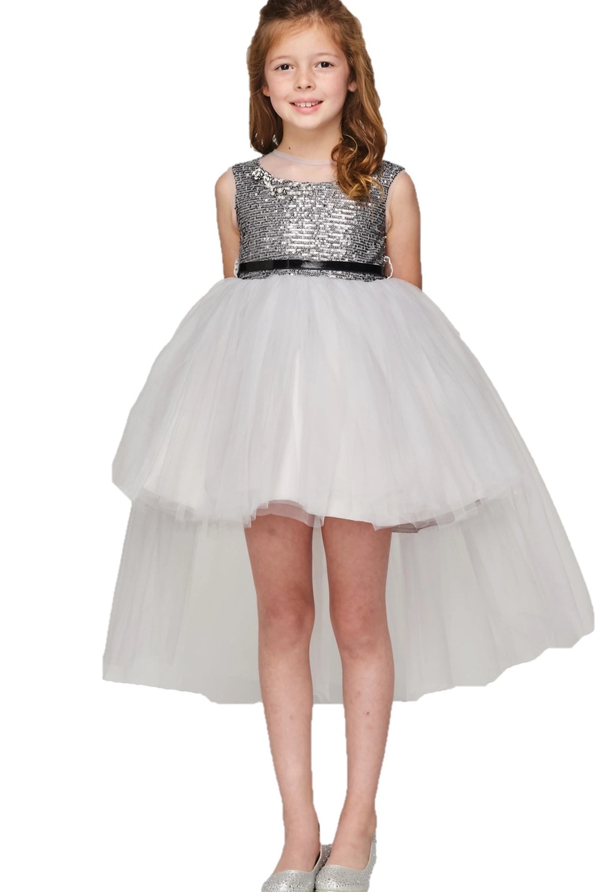 Silver flower girl dress features sequined bodice above the layered tulle skirt.