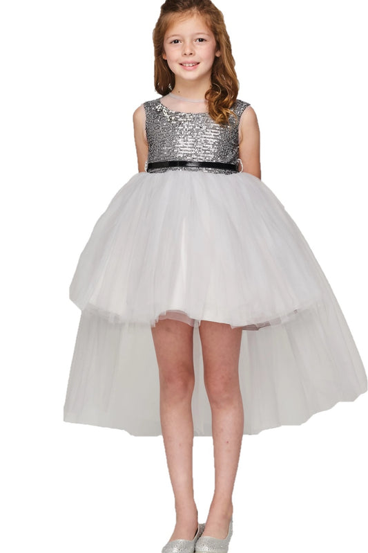 Silver flower girl dress features sequined bodice above the layered tulle skirt.