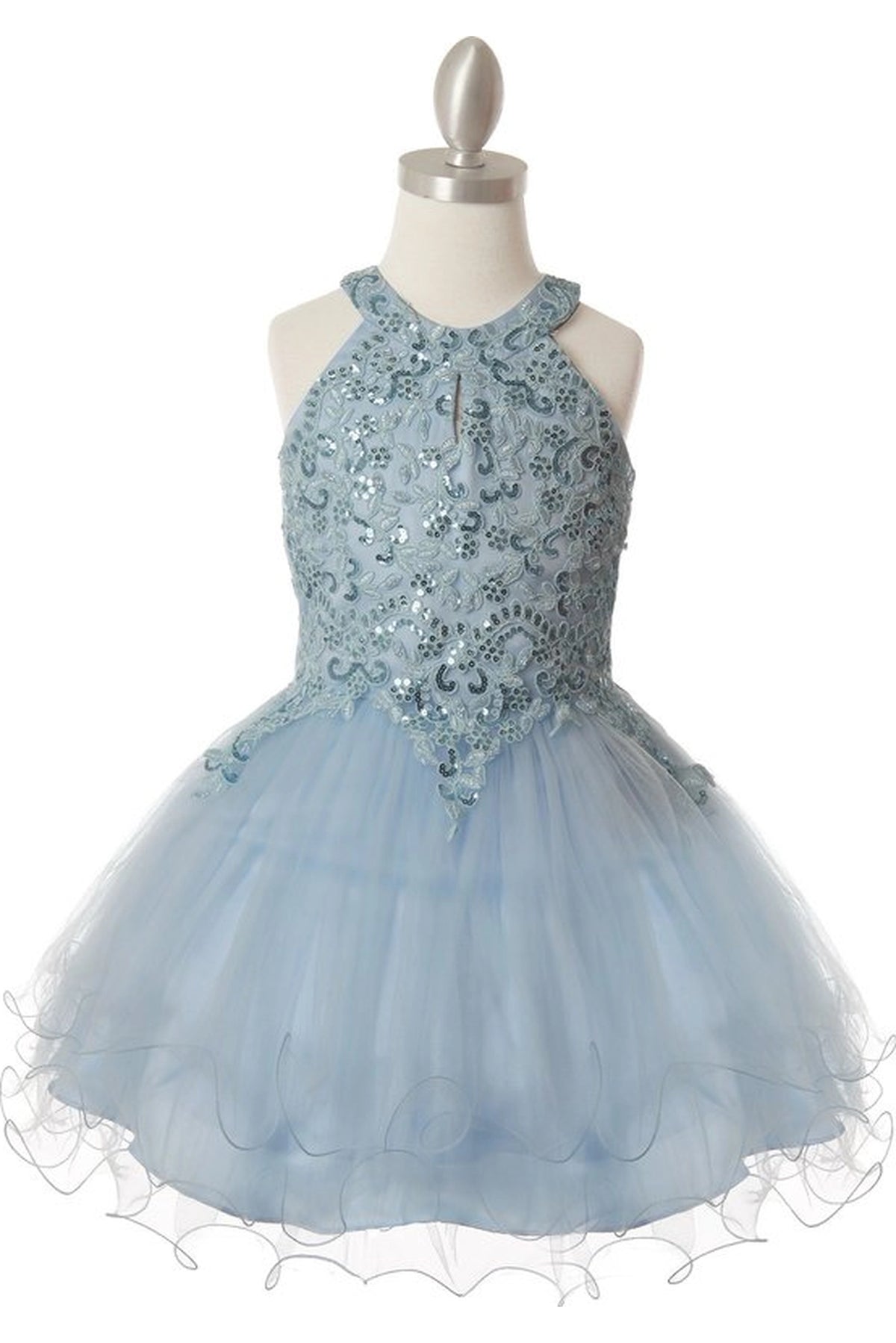 Showcasing with floral beadwork on the halter bodice, this Blue kids party dress displays elegant detail.