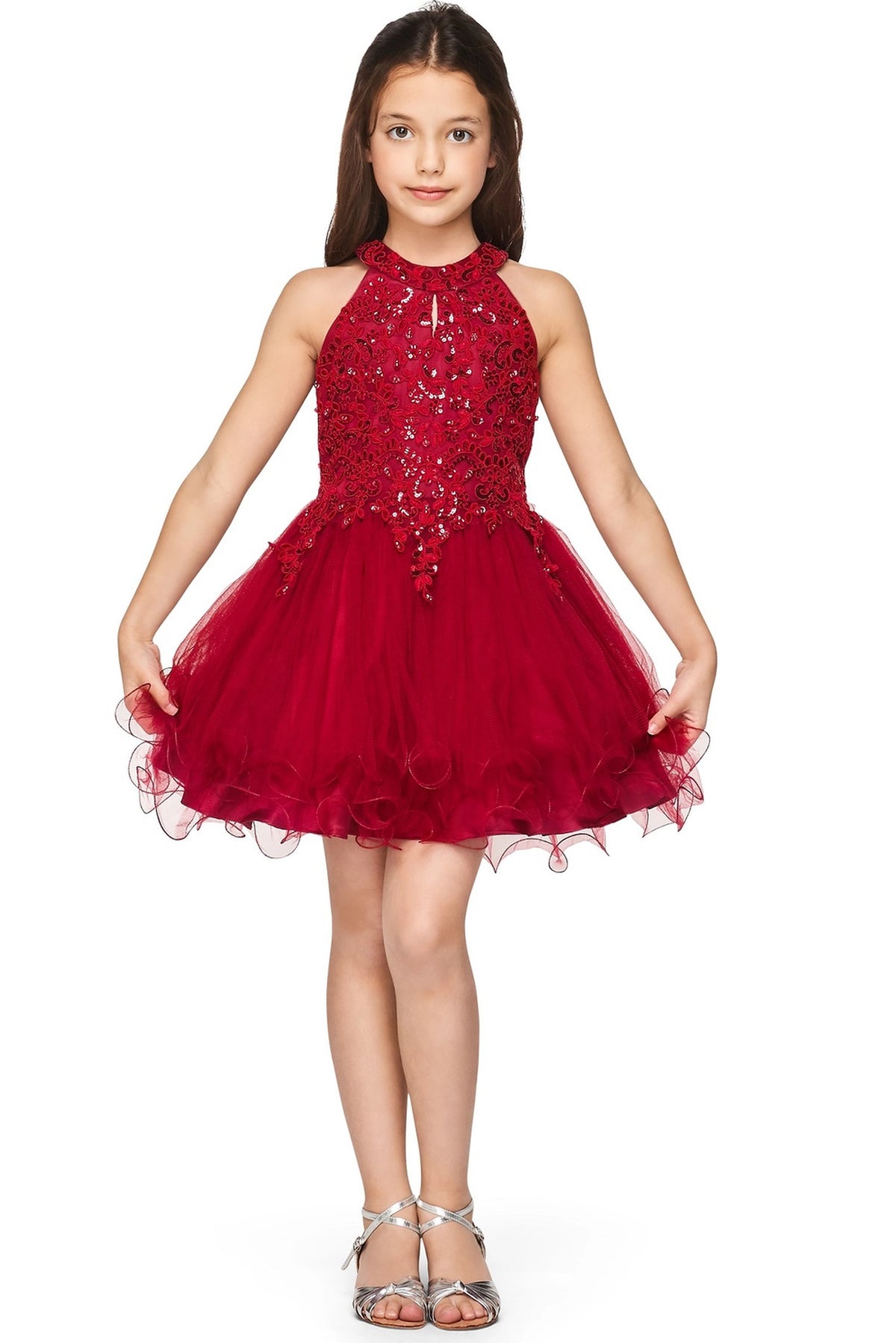 Showcasing with floral beadwork on the halter bodice, this Burgundy kids party dress displays elegant detail.