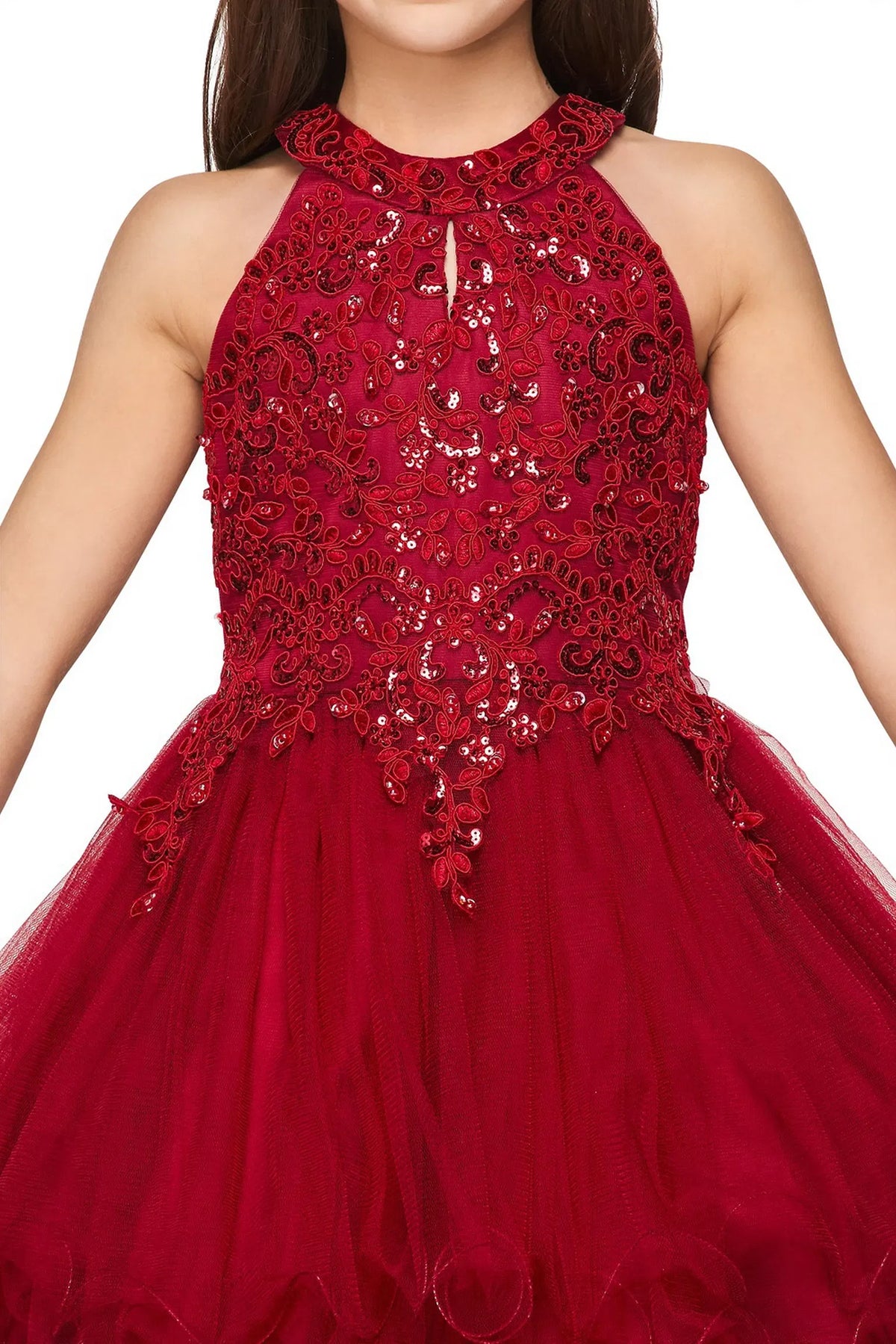 Detailed by floral beadwork on the halter bodice, the Burgundy kids party dress reveals its construction.