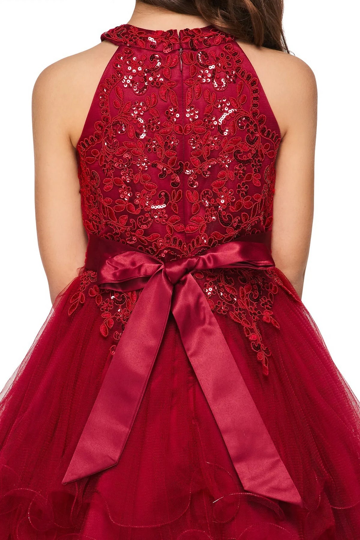 Finished details of a jeweled lace back and satin bow distinguish the Burgundy kids party dress.