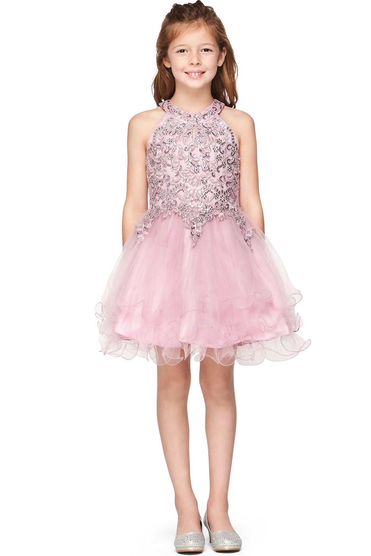 Showcasing with floral beadwork on the halter bodice, this Mauve kids party dress displays elegant detail.
