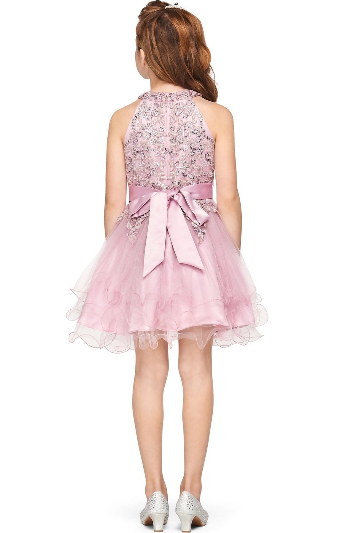 Finished details of a jeweled lace back and satin bow distinguish the Mauve kids party dress.