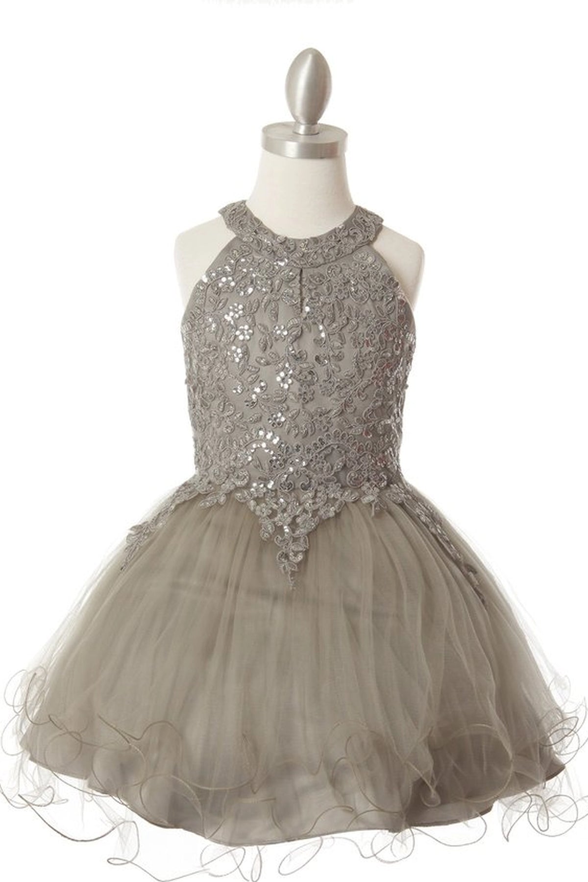 Showcasing with floral beadwork on the halter bodice, this Silver kids party dress displays elegant detail.