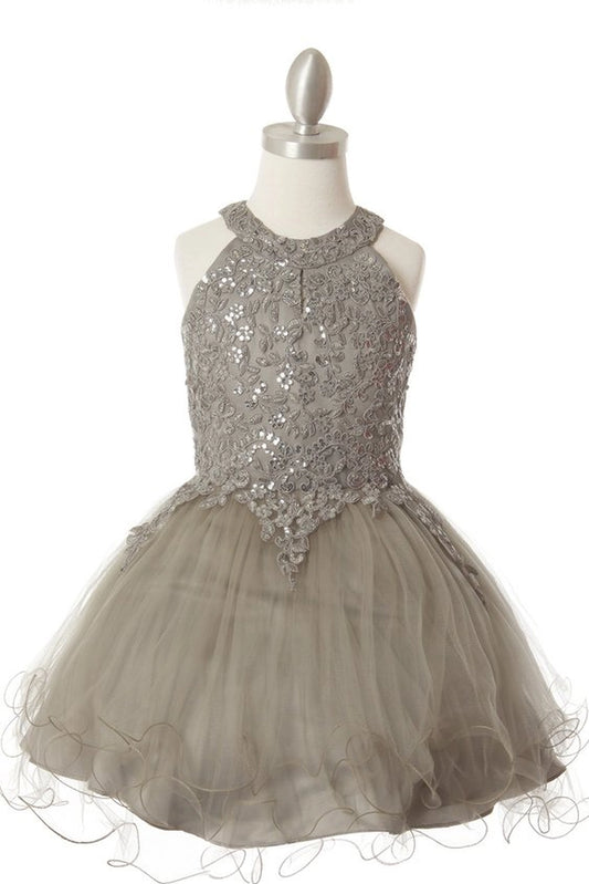 Showcasing with floral beadwork on the halter bodice, this Silver kids party dress displays elegant detail.
