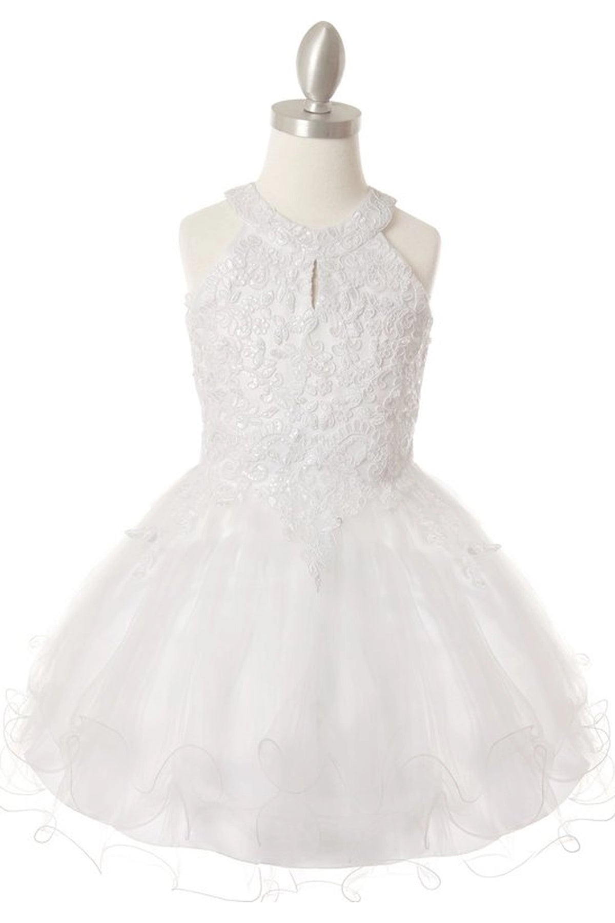 Showcasing with floral beadwork on the halter bodice, this White kids party dress displays elegant detail.