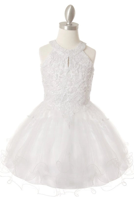Showcasing with floral beadwork on the halter bodice, this White kids party dress displays elegant detail.