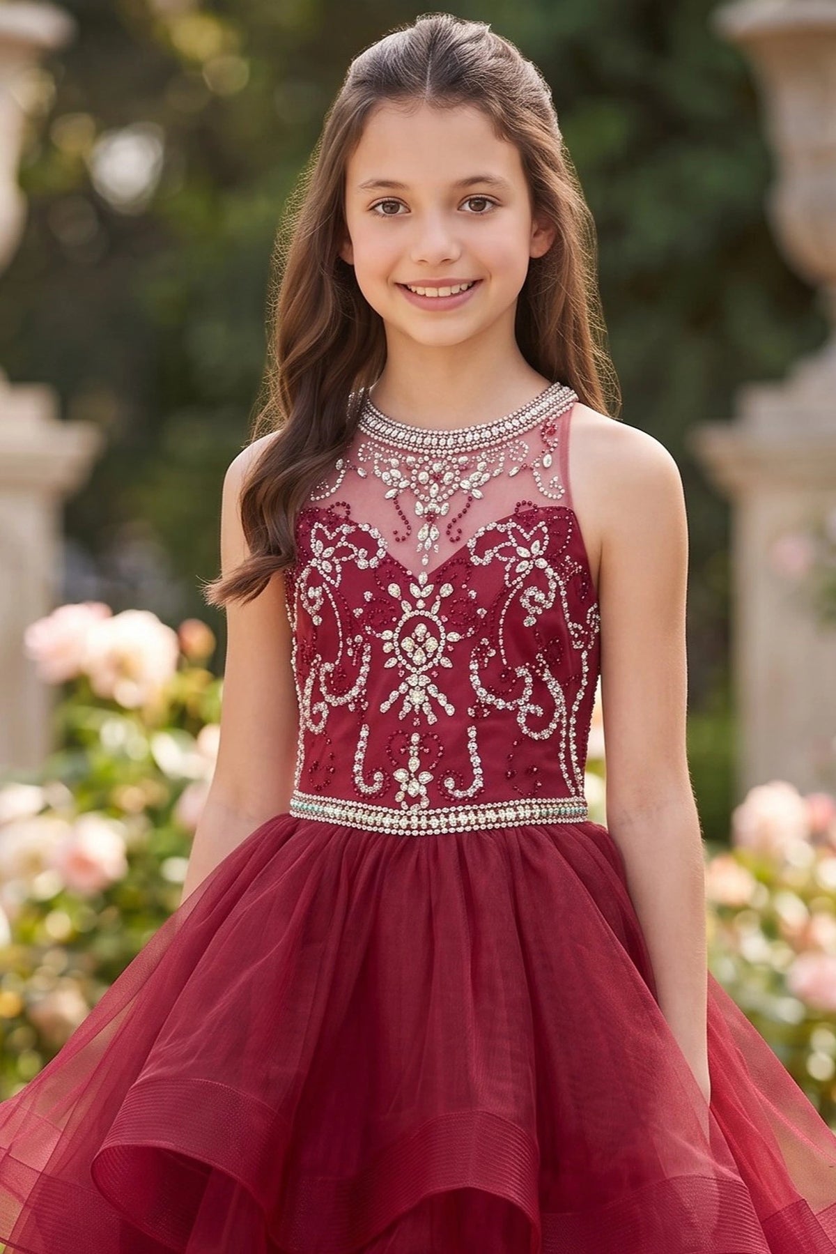 Accented a tiered high-low tulle skirt adds character to this Burgundy kids party dress.