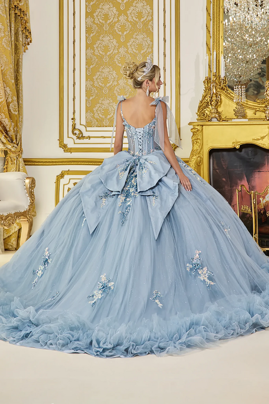 Dusty blue quinceanera ball gown with lace-up corset and oversized back bow